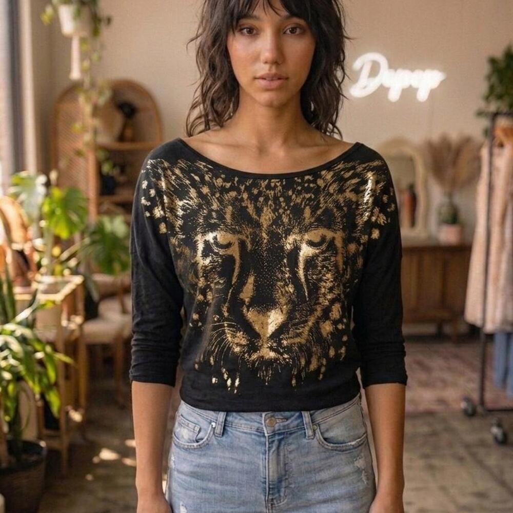 VINTAGE CHIC BLACK & GOLD CHEETAH TEE MCBLING LARGE